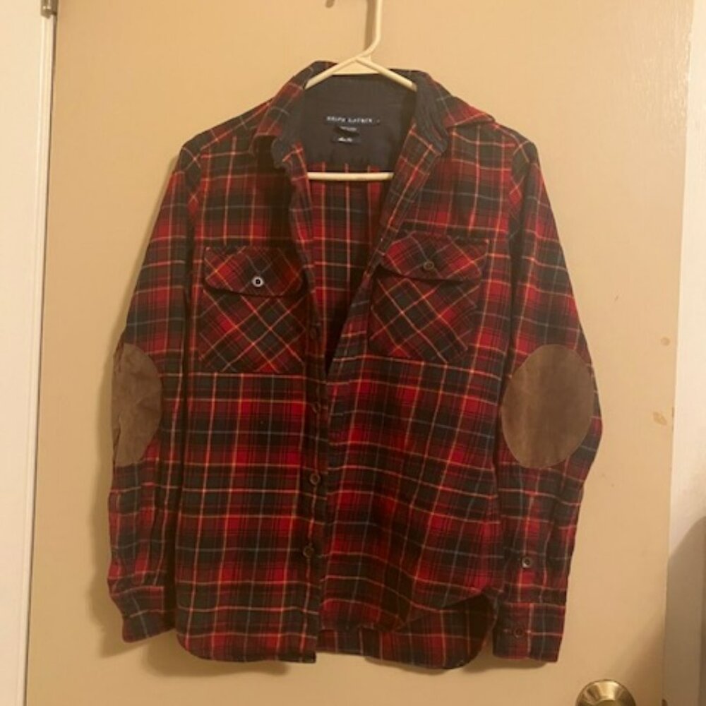 Ralph Lauren Buffalo Plaid Check Flannel Button Down Shirt with Leather Elbows